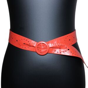 Red Perforated Waist Belt With Round Covered Buckle